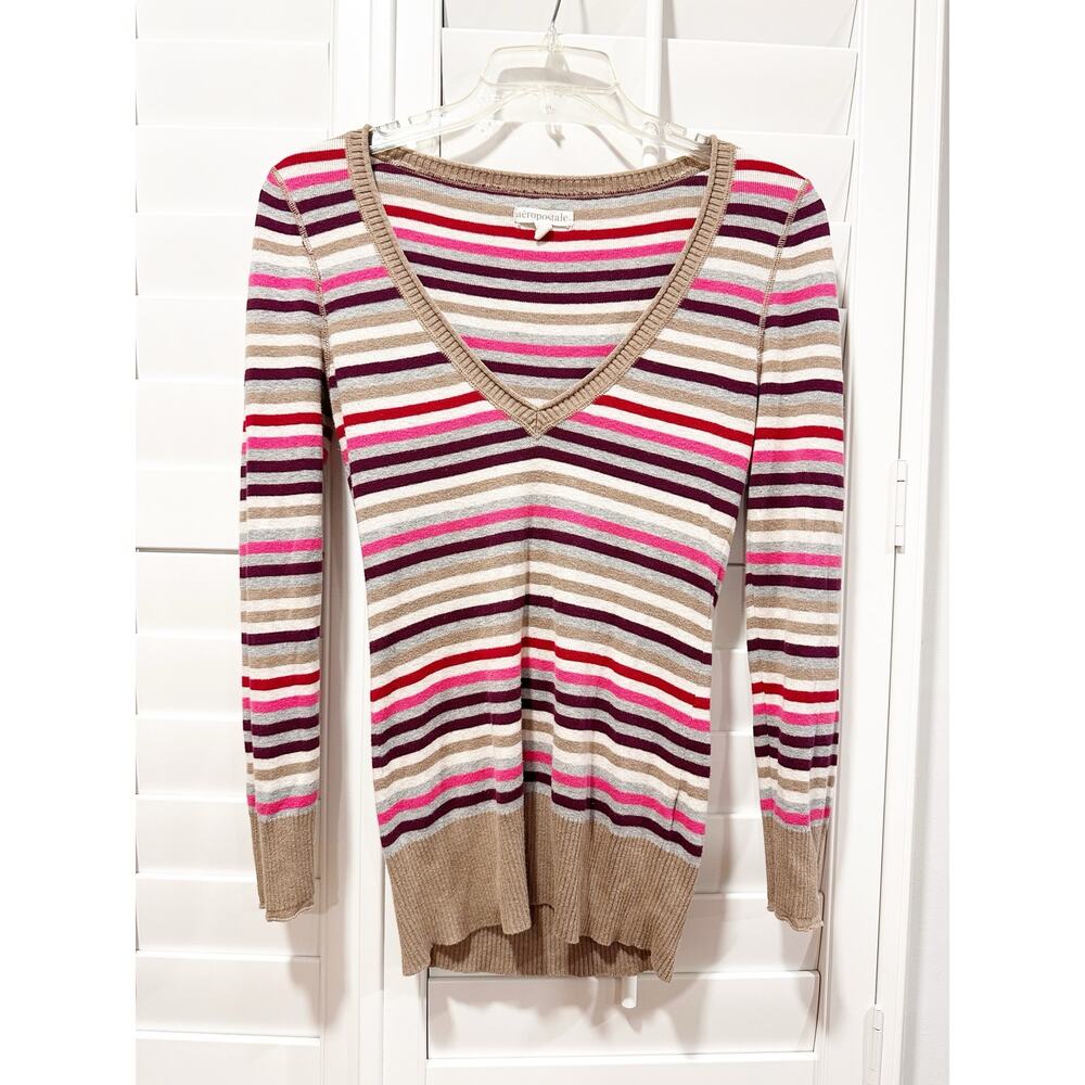 Vintage Y2K Aeropostale Striped V-Neck Sweater Size Large Fitted Babydoll
